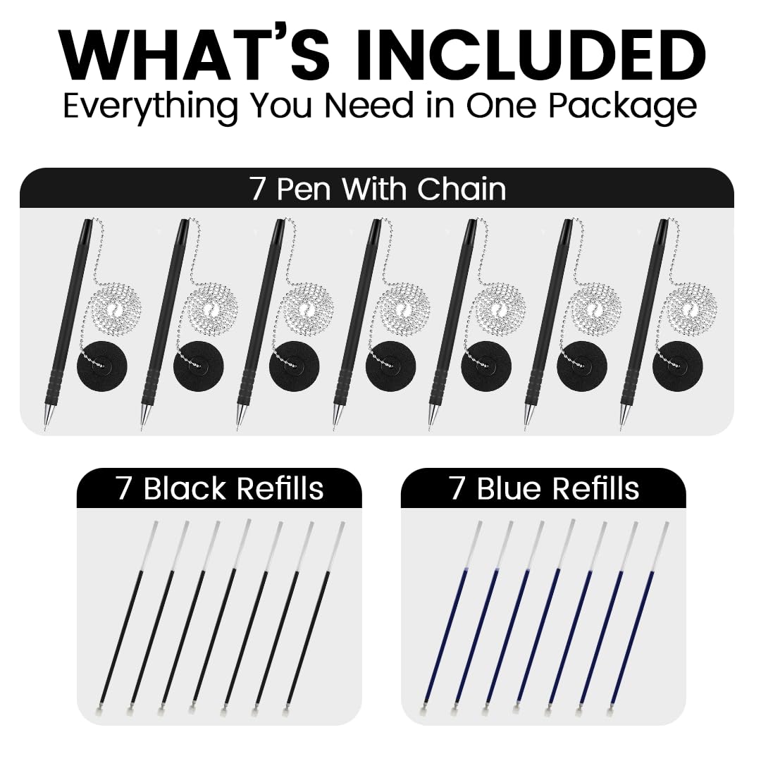 Pen with Chain Security Desk Pen on a Chain with Adhesive Base & 23" Chain Pen Holder Includes Refills for Office, Counter Pen, & Reception Use