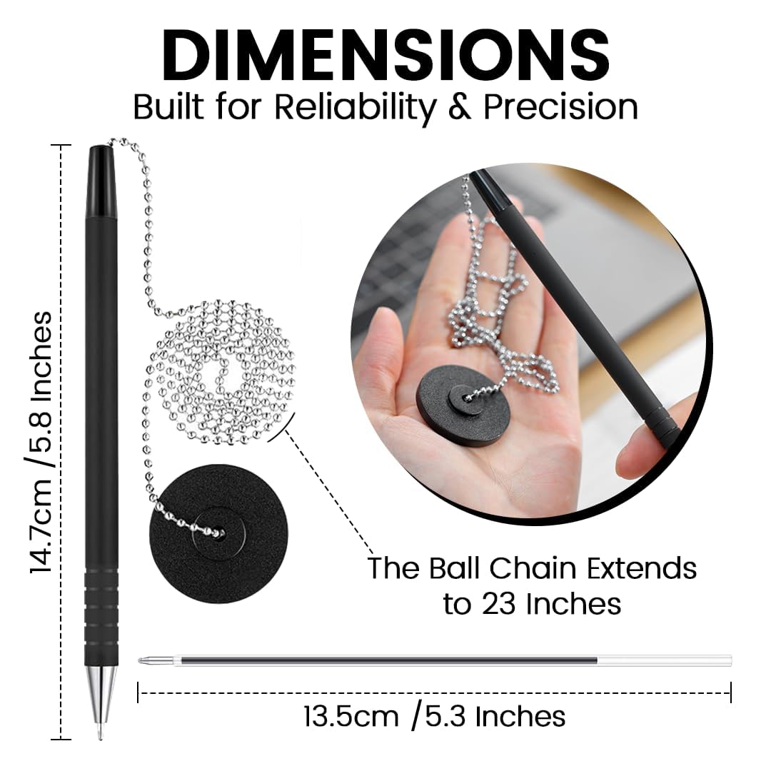 Pen with Chain Security Desk Pen on a Chain with Adhesive Base & 23" Chain Pen Holder Includes Refills for Office, Counter Pen, & Reception Use